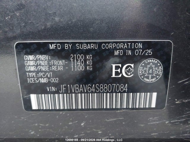 Продаж на аукціоні авто 2025 Subaru Wrx Gt, vin: JF1VBAV64S8807084, номер лоту: 12698185