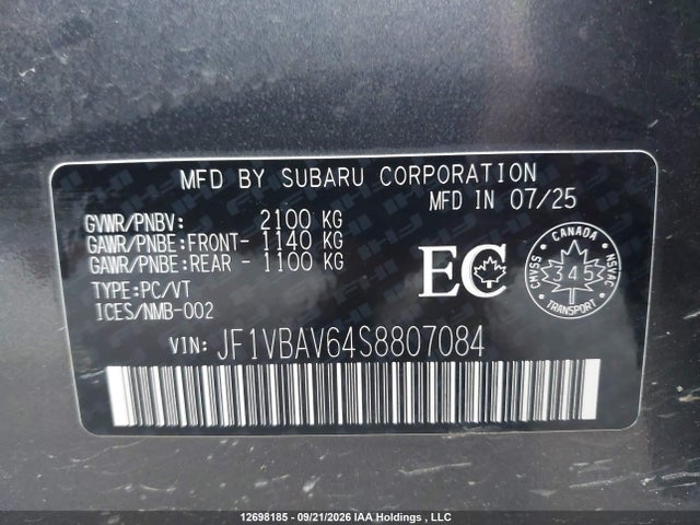 Продаж на аукціоні авто 2025 Subaru Wrx Gt, vin: JF1VBAV64S8807084, номер лоту: 12698185