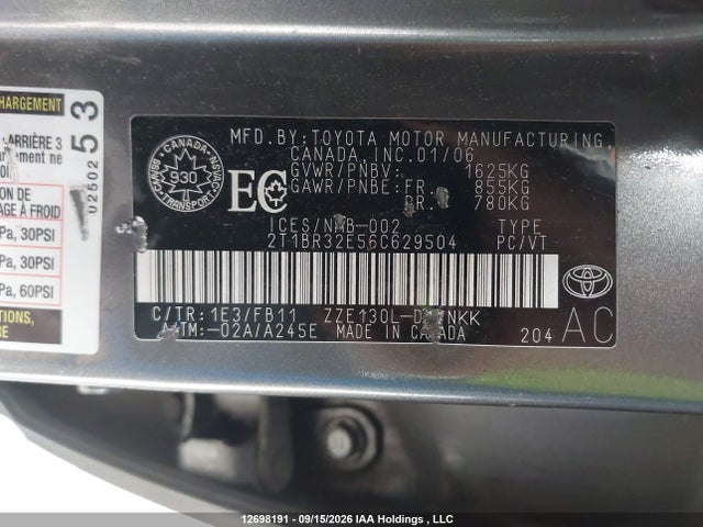 12698191 :رقم المزاد ، 2T1BR32E56C629504 vin ، 2006 Toyota Corolla Ce/le/sport مزاد بيع