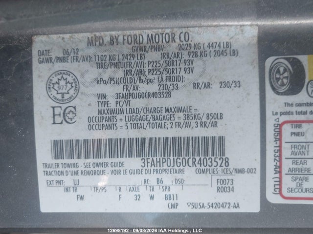 12698192 :رقم المزاد ، 3FAHP0JG0CR403528 vin ، 2012 Ford Fusion Sel مزاد بيع