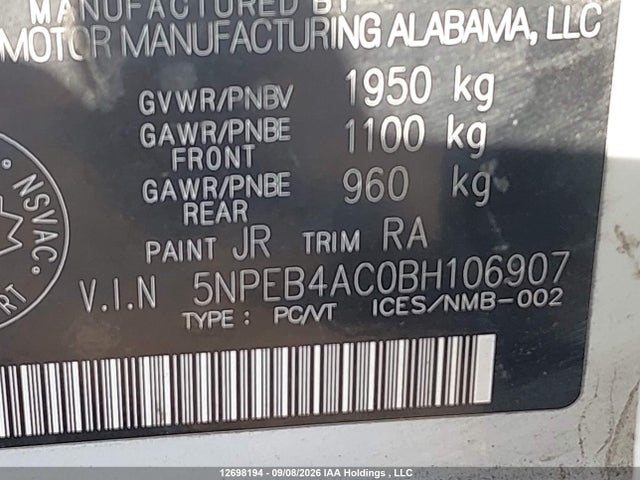 12698194 :رقم المزاد ، 5NPEB4AC0BH106907 vin ، 2011 Hyundai Sonata Gls مزاد بيع