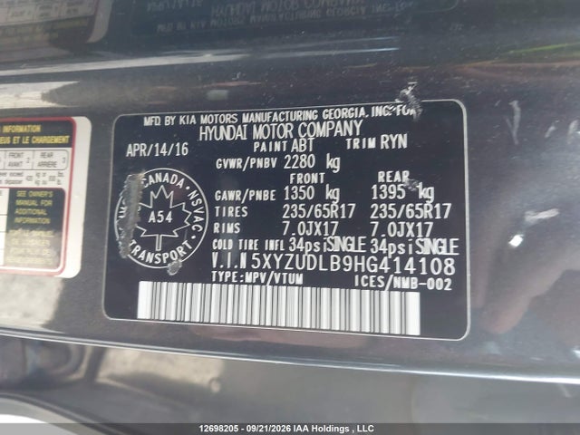 2017 Hyundai Santa Fe Sport მანქანა იყიდება აუქციონზე, vin: 5XYZUDLB9HG414108, აუქციონის ნომერი: 12698205