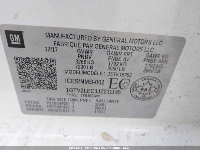 Продаж на аукціоні авто 2018 Gmc Sierra K1500, vin: 1GTV2LEC3JZ211145, номер лоту: 12698219