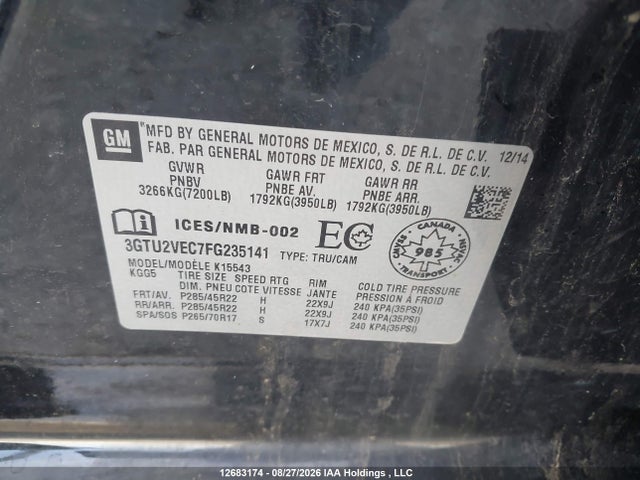 Aukcja sprzedaży 2015 Gmc Sierra 1500 Slt, vin: 3GTU2VEC7FG235141, numer aukcji: 12683174