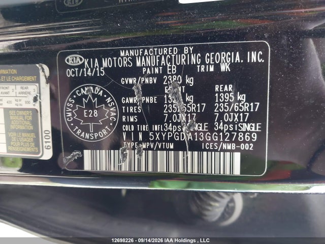 12698226 :رقم المزاد ، 5XYPGDA13GG127869 vin ، 2016 Kia Sorento 2.0l Ex/2.0l Lx+ مزاد بيع