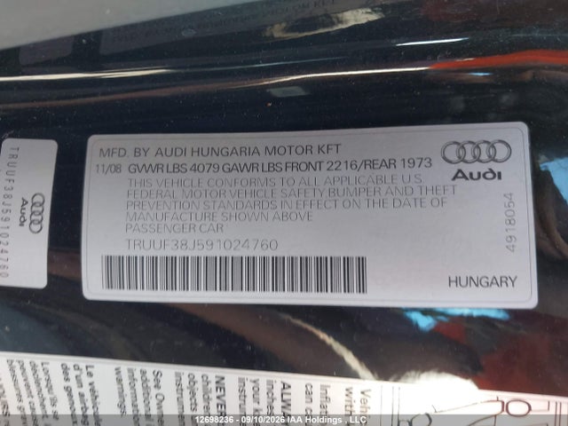 Aukcja sprzedaży 2009 Audi Tts 2.0t, vin: TRUUF38J591024760, numer aukcji: 12698236