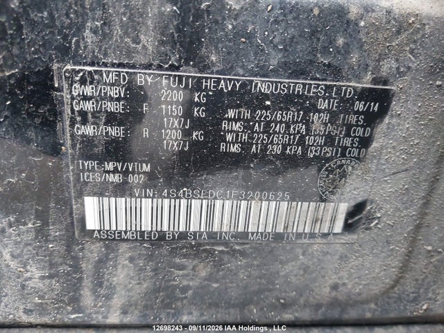 Продажа на аукционе авто 2015 Subaru Outback 3.6r Premium, vin: 4S4BSFDC1F3200625, номер лота: 12698243