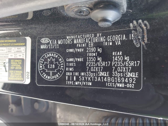 Aukcja sprzedaży 2011 Kia Sorento Lx, vin: 5XYKT3A14BG169492, numer aukcji: 12698248