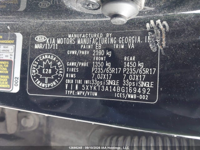 Aukcja sprzedaży 2011 Kia Sorento Lx, vin: 5XYKT3A14BG169492, numer aukcji: 12698248