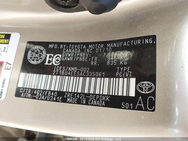 12680349 :رقم المزاد ، 2T1BU4EE5AC335061 vin ، 2010 Toyota Corolla S/le/xle مزاد بيع