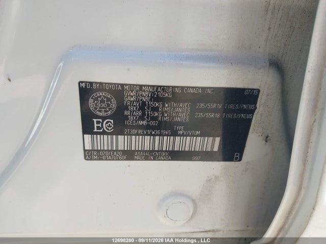 Toyota Rav4 Limited 2015 2T3DFREV1FW361945 Image 9