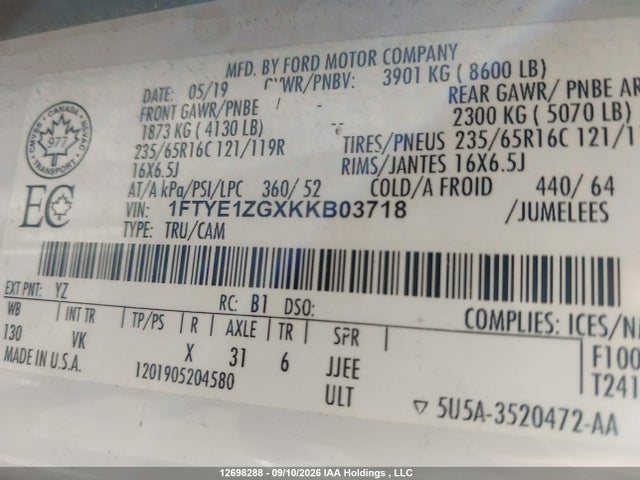 1FTYE1ZGXKKB03718 Ford Transit T-150