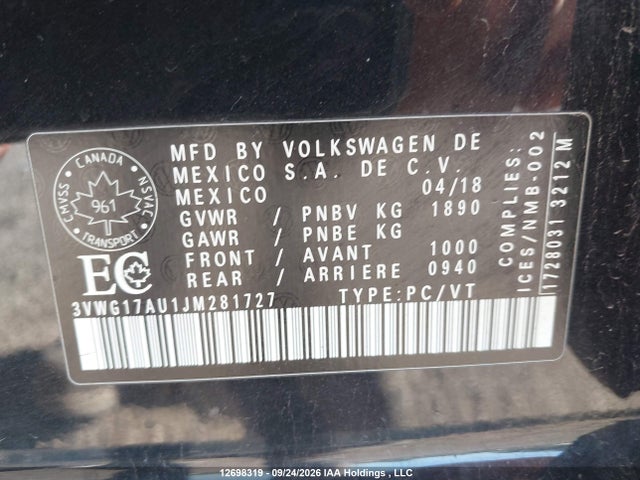 12698319 :رقم المزاد ، 3VWG17AU1JM281727 vin ، 2018 Volkswagen Golf 1.8 Tsi Highline/1.8 Tsi Trendline/comfortline مزاد بيع