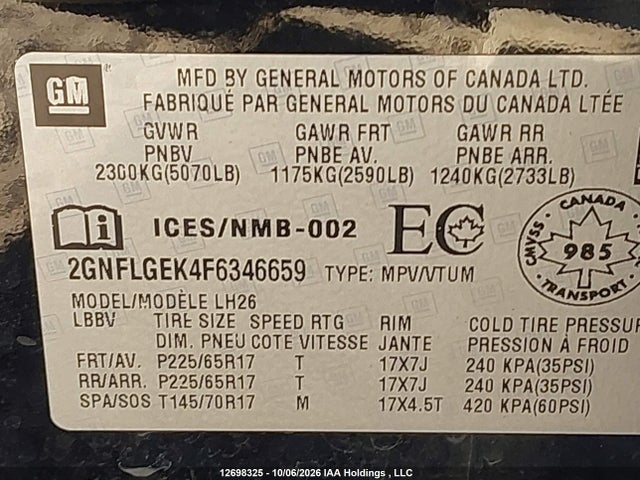 Chevrolet EQUINOX LT 2015 2GNFLGEK4F6346659 Image 9