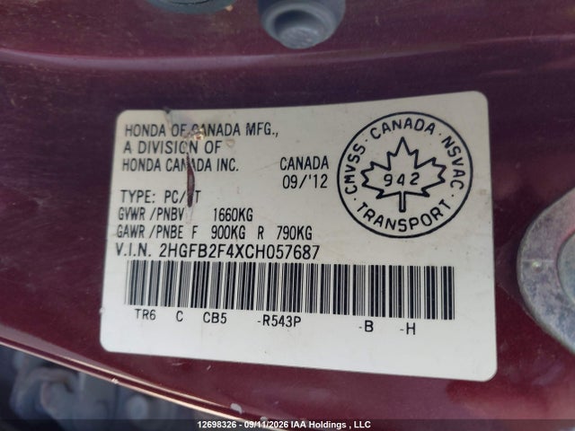 Aukcja sprzedaży 2012 Honda Civic Lx, vin: 2HGFB2F4XCH057687, numer aukcji: 12698326