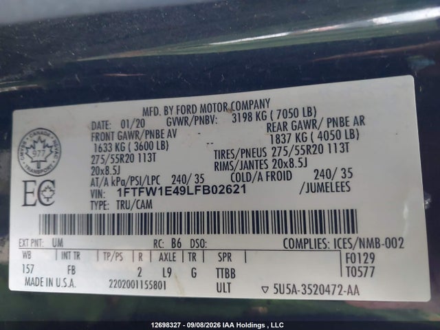 Aukcja sprzedaży 2020 Ford F150 Supercrew, vin: 1FTFW1E49LFB02621, numer aukcji: 12698327