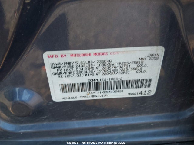 12698337 :رقم المزاد ، JA4MT41X29Z605491 vin ، 2009 Mitsubishi Outlander مزاد بيع