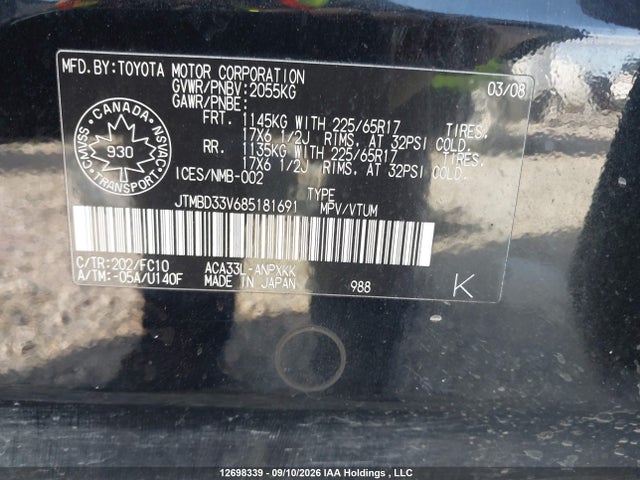 12698339 :رقم المزاد ، JTMBD33V685181691 vin ، 2008 Toyota Rav4 مزاد بيع