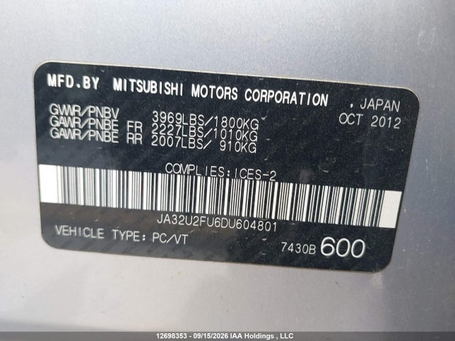 2013 Mitsubishi Lancer Se მანქანა იყიდება აუქციონზე, vin: JA32U2FU6DU604801, აუქციონის ნომერი: 12698353