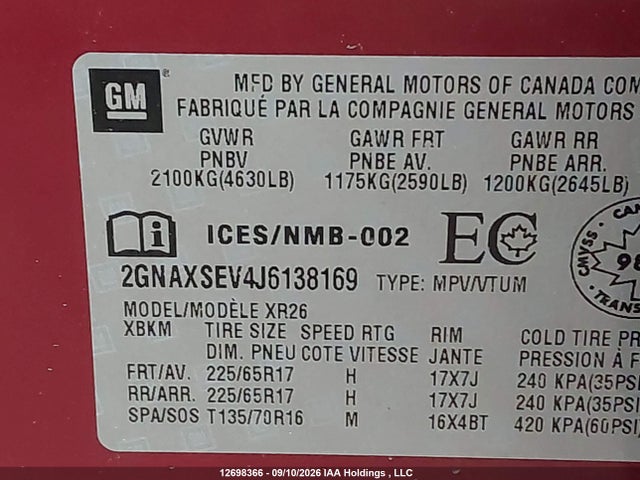 2GNAXSEV4J6138169 Chevrolet EQUINOX LT