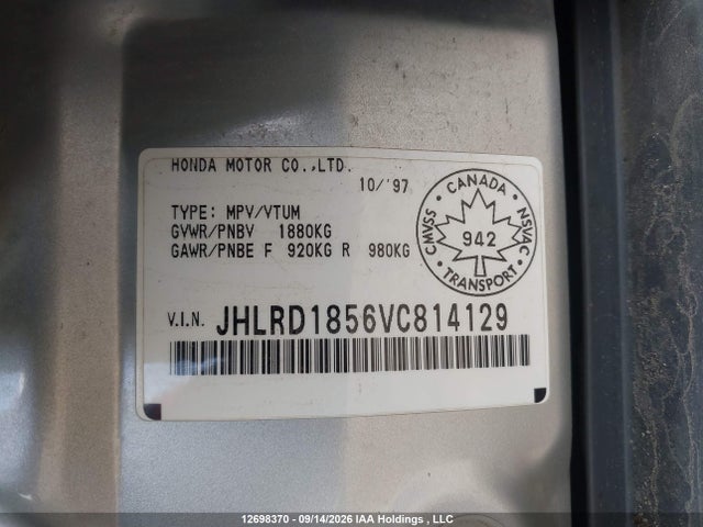 12698370 :رقم المزاد ، JHLRD1856VC814129 vin ، 1997 Honda Cr-v Lx مزاد بيع