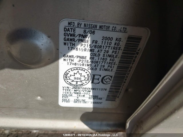 Aukcja sprzedaży 2006 Nissan X-trail, vin: JN8BT08VX6W211376, numer aukcji: 12698371