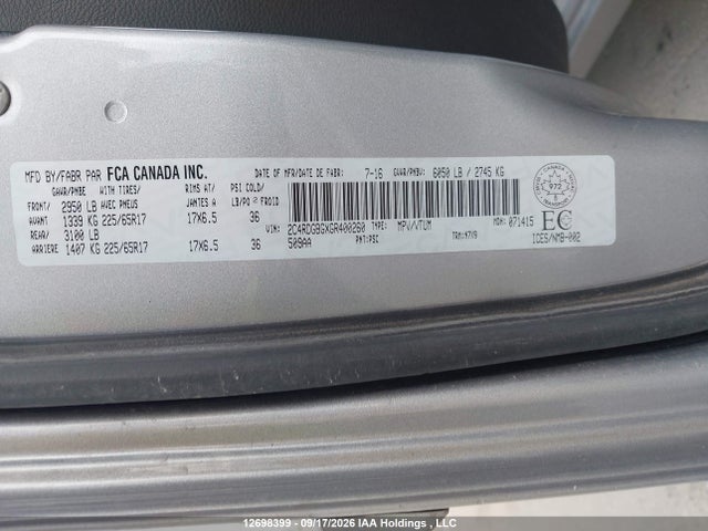 2016 Dodge Grand Caravan მანქანა იყიდება აუქციონზე, vin: 2C4RDGBGXGR400260, აუქციონის ნომერი: 12698399