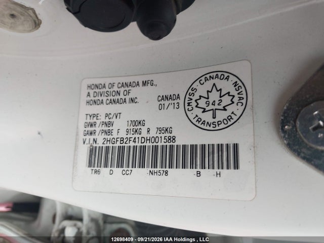 Продажа на аукционе авто 2013 Honda Civic, vin: 2HGFB2F41DH001588, номер лота: 12698409
