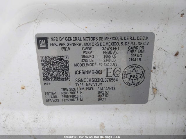 Chevrolet Trax 2019 3GNCJKSB3KL376564 Image 9