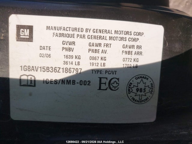 Aukcja sprzedaży 2006 Saturn Ion Level 3, vin: 1G8AV15B36Z186797, numer aukcji: 12698422