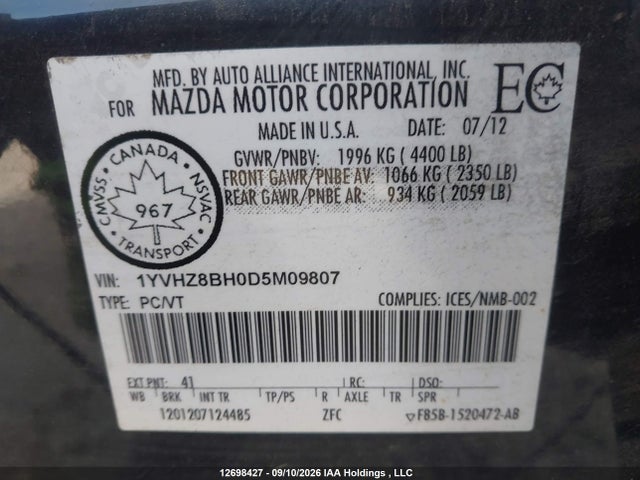 2013 Mazda Mazda6 Gs-i4 მანქანა იყიდება აუქციონზე, vin: 1YVHZ8BH0D5M09807, აუქციონის ნომერი: 12698427