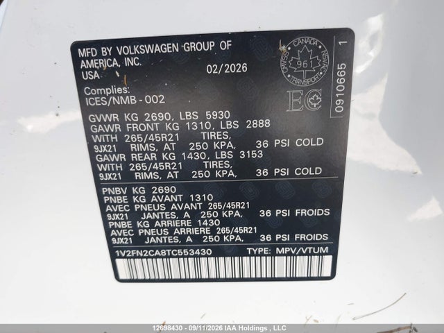 Aukcja sprzedaży 2026 Volkswagen Atlas Sel Premium R-line, vin: 1V2FN2CA8TC553430, numer aukcji: 12698430