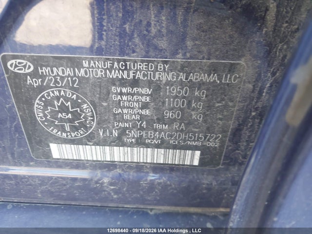 Aukcja sprzedaży 2013 Hyundai Sonata Gls, vin: 5NPEB4AC2DH515722, numer aukcji: 12698440
