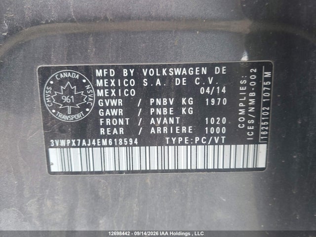 Продаж на аукціоні авто 2014 Volkswagen Jetta S/se, vin: 3VWPX7AJ4EM618594, номер лоту: 12698442
