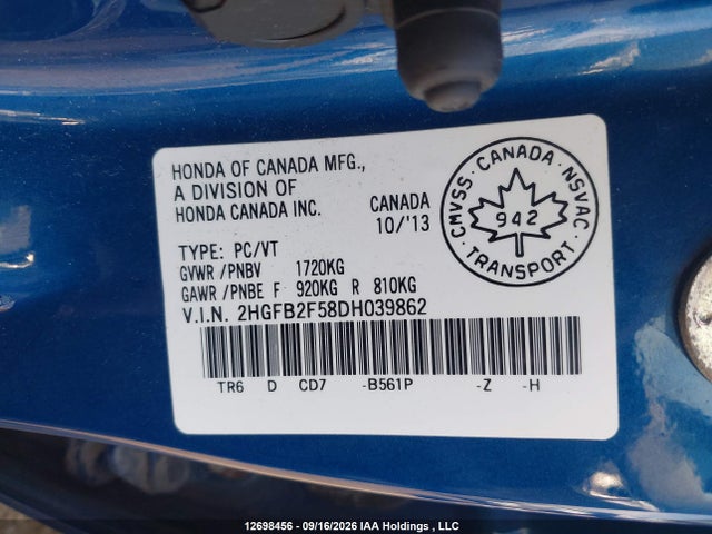 Продажа на аукционе авто 2013 Honda Civic Ex 4dr, vin: 2HGFB2F58DH039862, номер лота: 12698456
