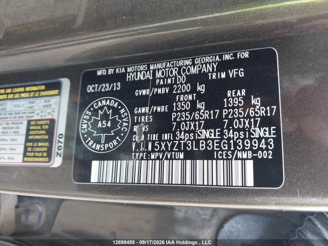 2014 Hyundai Santa Fe Sport 2.4 Base მანქანა იყიდება აუქციონზე, vin: 5XYZT3LB3EG139943, აუქციონის ნომერი: 12698458