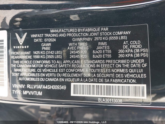 2025 Vinfast Trading And Vf 8 Plus მანქანა იყიდება აუქციონზე, vin: RLLV1AFA4SH009349, აუქციონის ნომერი: 12698469