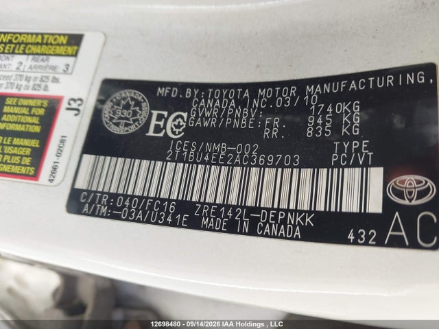 Продаж на аукціоні авто 2010 Toyota Corolla Le, vin: 2T1BU4EE2AC369703, номер лоту: 12698480