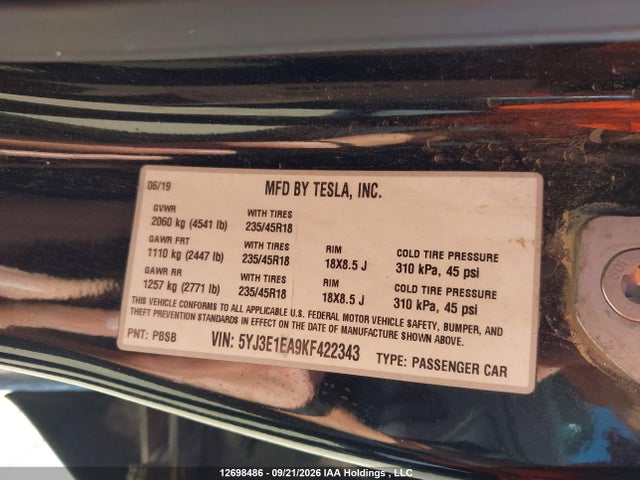 Aukcja sprzedaży 2019 Tesla Model 3, vin: 5YJ3E1EA5KF422341, numer aukcji: 12698486