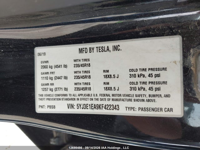 Aukcja sprzedaży 2019 Tesla Model 3, vin: 5YJ3E1EA5KF422341, numer aukcji: 12698486