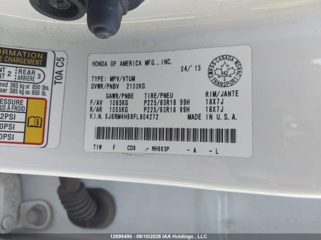 Продаж на аукціоні авто 2015 Honda Cr-v Touring, vin: 5J6RM4H99FL804272, номер лоту: 12698490