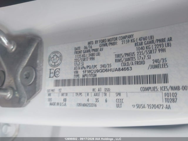 Продажа на аукционе авто 2017 Ford Escape Se, vin: 1FMCU9GD6HUA84663, номер лота: 12698502