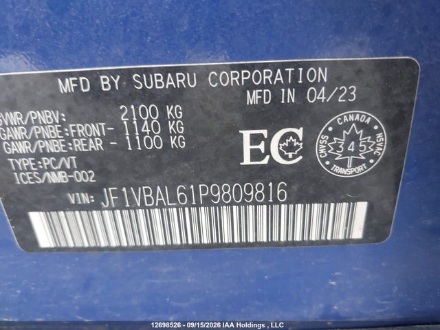 12698526 :رقم المزاد ، JF1VBAL61P9809816 vin ، 2023 Subaru Wrx Limited مزاد بيع