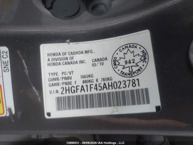 2010 Honda Civic მანქანა იყიდება აუქციონზე, vin: 2HGFA1F45AH023781, აუქციონის ნომერი: 12698531