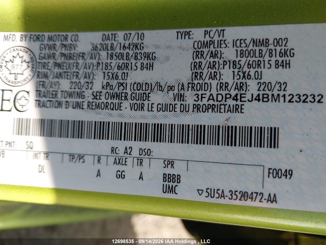 12698535 :رقم المزاد ، 3FADP4EJ4BM123232 vin ، 2011 Ford Fiesta Se مزاد بيع