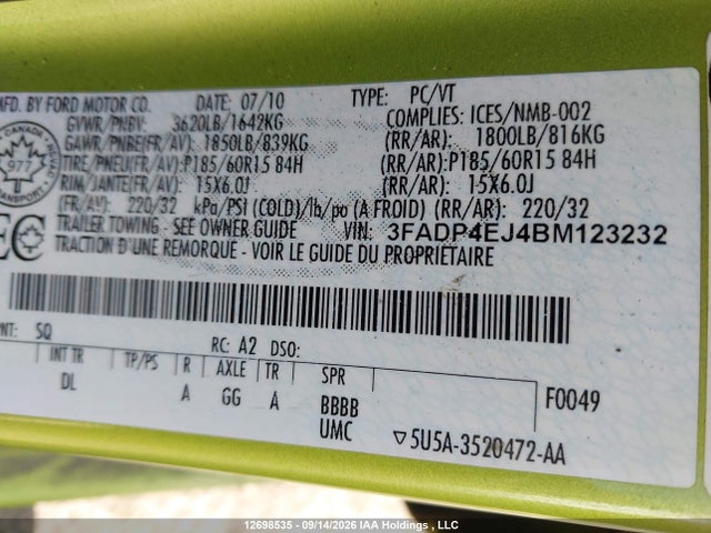 12698535 :رقم المزاد ، 3FADP4EJ4BM123232 vin ، 2011 Ford Fiesta Se مزاد بيع