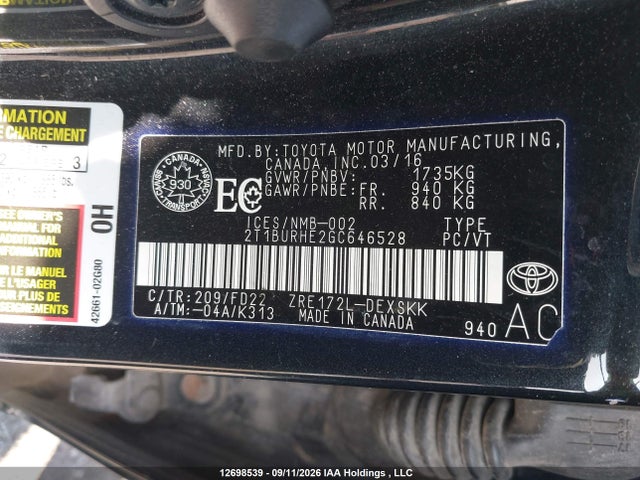 Продажа на аукционе авто 2016 Toyota Corolla S, vin: 2T1BURHE2GC646528, номер лота: 12698539