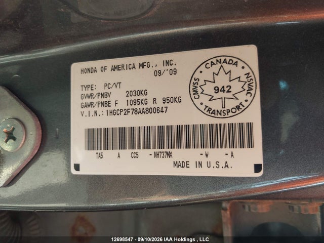 2010 Honda Accord მანქანა იყიდება აუქციონზე, vin: 1HGCP2F78AA800647, აუქციონის ნომერი: 12698547