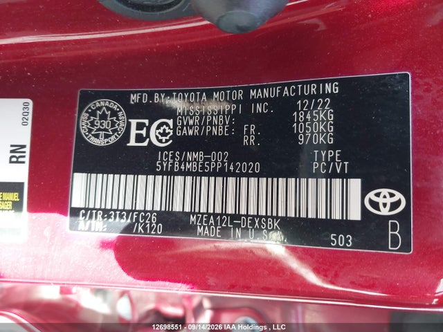 Продаж на аукціоні авто 2023 Toyota Corolla, vin: 5YFB4MBE5PP142020, номер лоту: 12698551