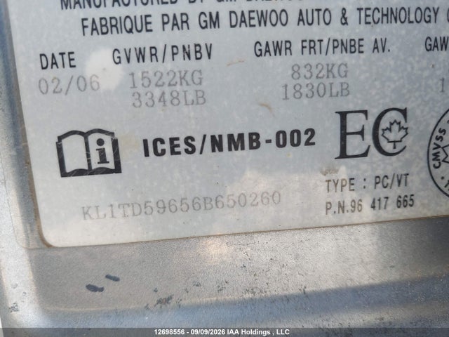 2006 Chevrolet Aveo Ls მანქანა იყიდება აუქციონზე, vin: KL1TD59656B650260, აუქციონის ნომერი: 12698556